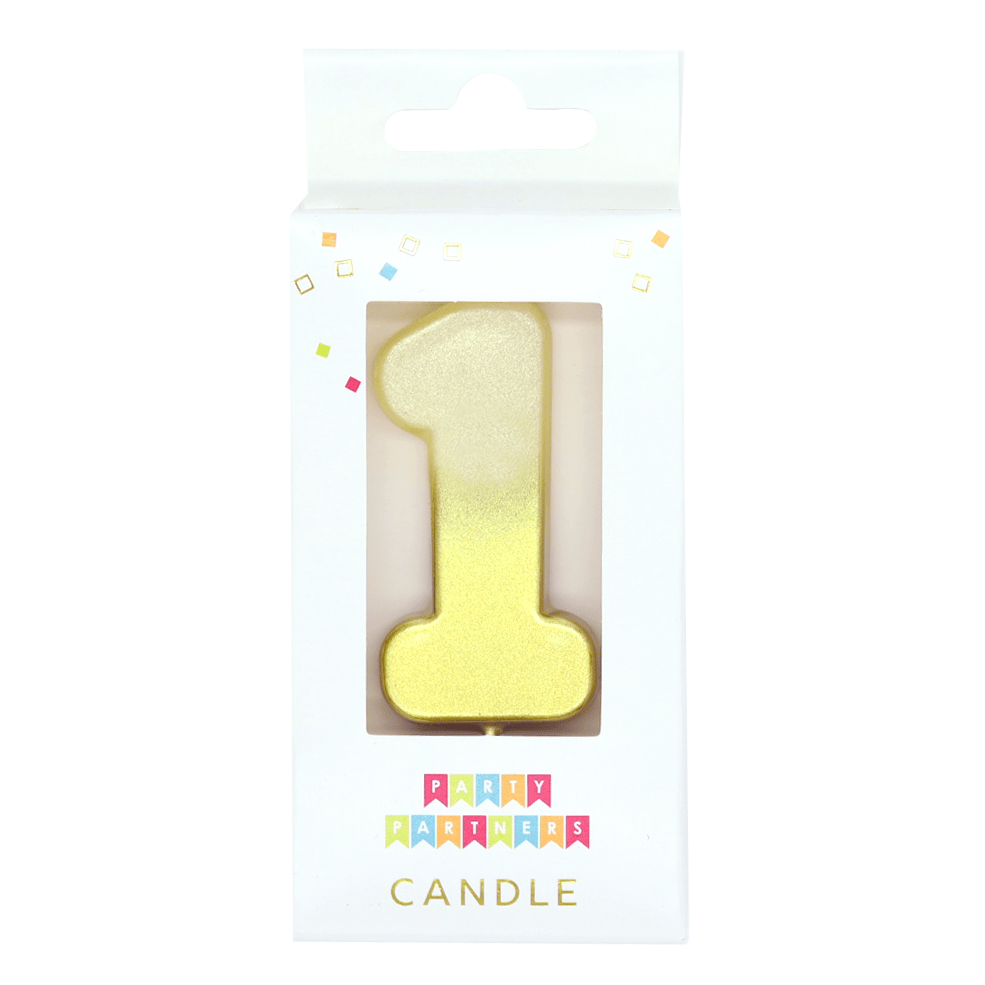 Gold ombre metallic number candle "1" from Party Partners, showcasing shiny gold finish and tall, elegant design.
